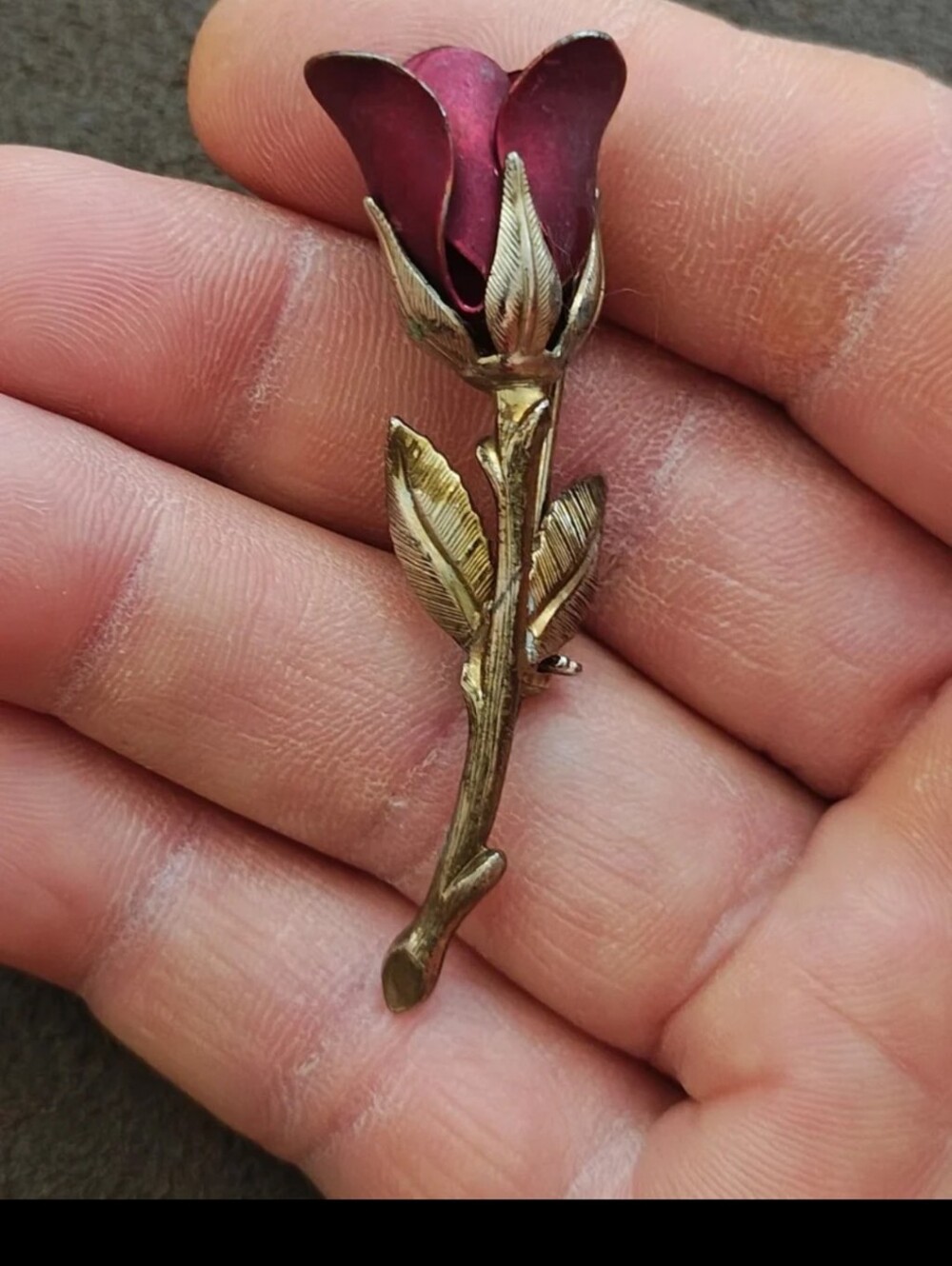 1960s Gold Tone Red Enamel Rose Bud With Stem Brooch Pin